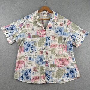 Top & Co Button Up Shirt Womens 1X Multi Floral Short Sleeve Collared Vintage